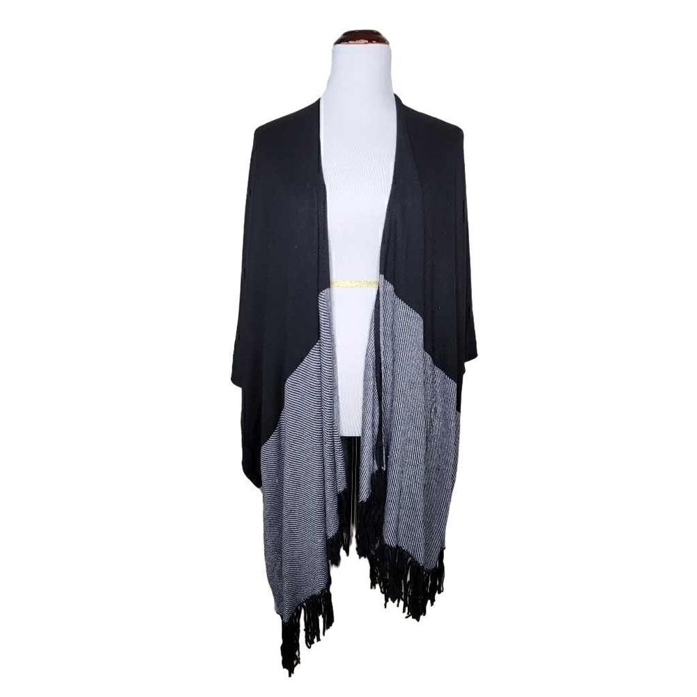 White House Black Market Wrap Stripe Fringe Ruana Black Gray Medium Large